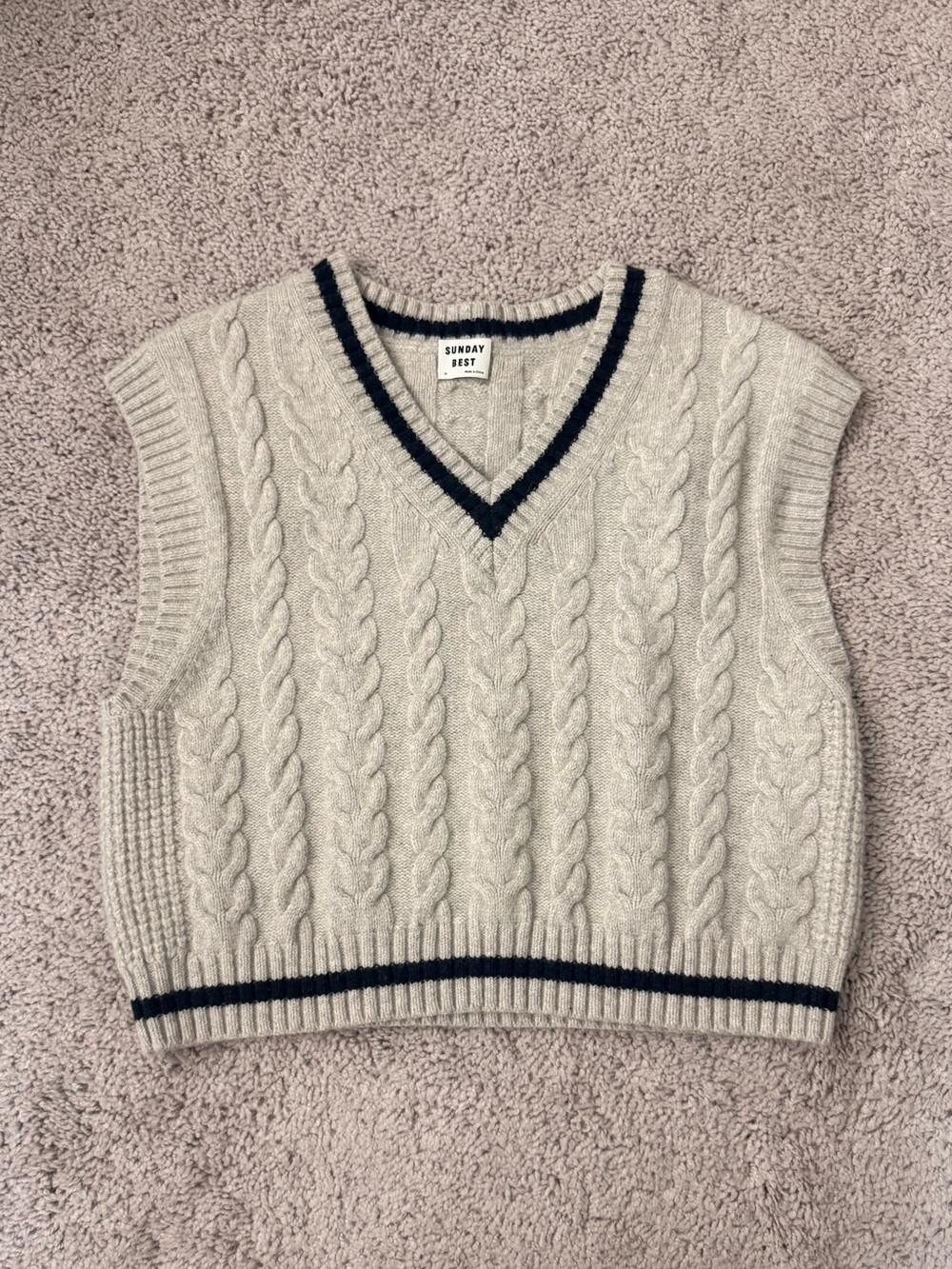 Sunday Best Cream Cable-Knit V-Neck Sweater Vest with Navy Trim